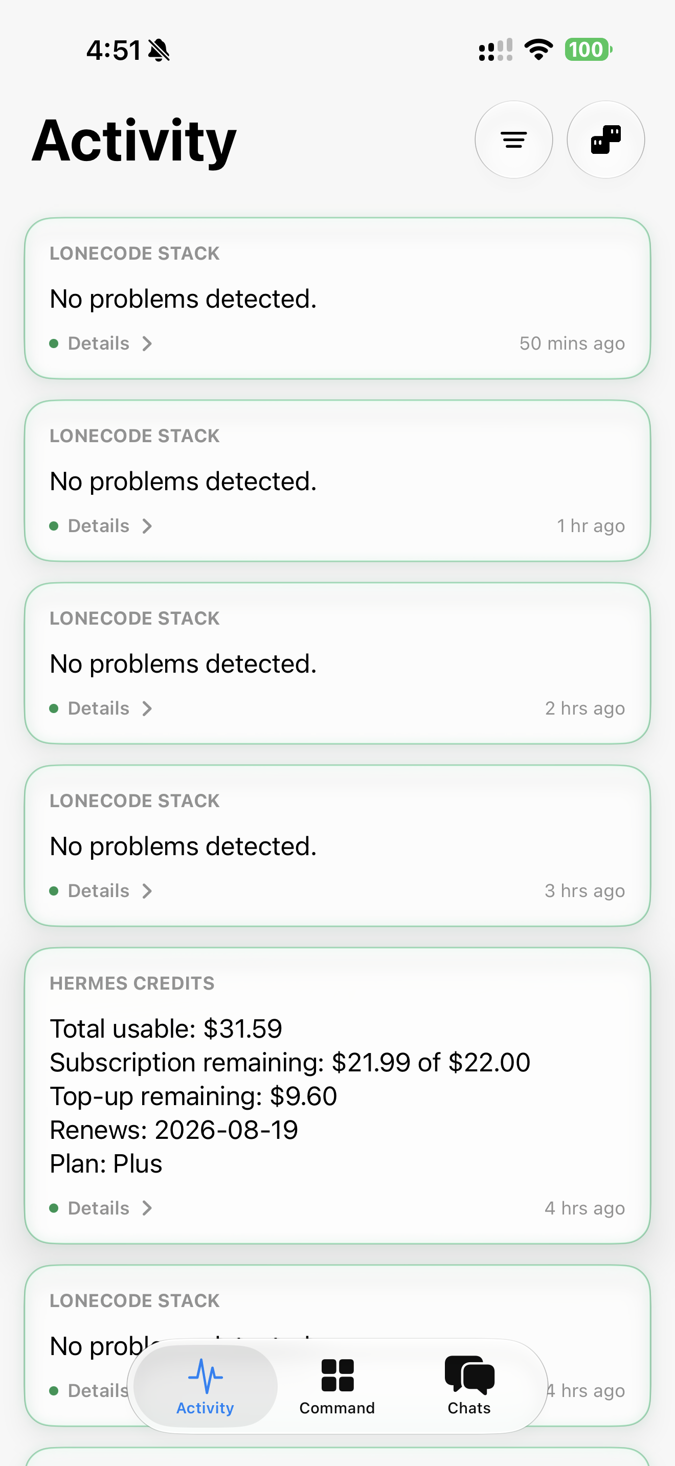 LONECODE Activity — stack status and agent feed
