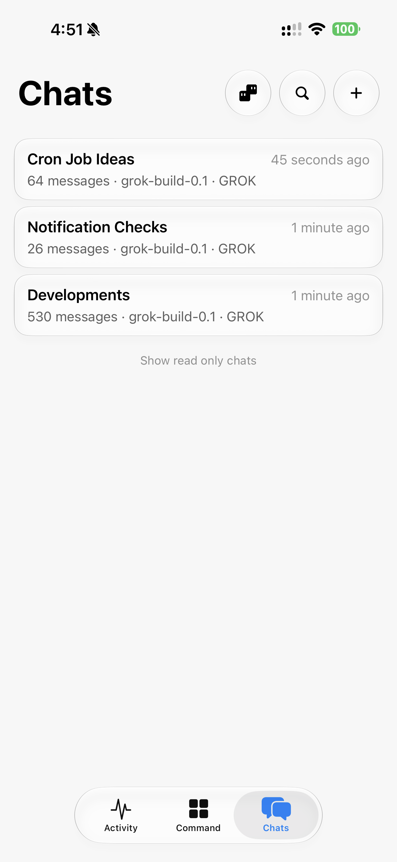 LONECODE Chats — session list with message count and model